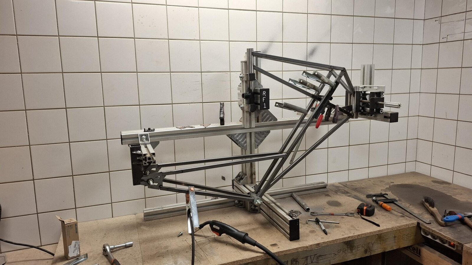 RF01 frame held in its workshop building jig